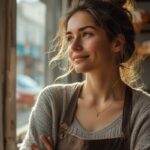 A confident small business owner looking towards the future, considering the best small business loan options for her company's growth in 2025.