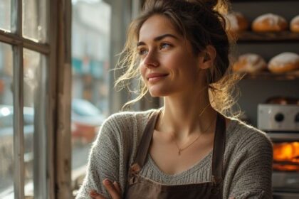 A confident small business owner looking towards the future, considering the best small business loan options for her company's growth in 2025.