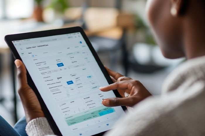 A small business owner carefully comparing the APR and terms of two different small business loan offers on a digital tablet.