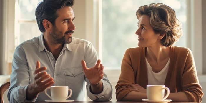 A husband and wife having a deep conversation over coffee, demonstrating the importance of communication in a relationship.