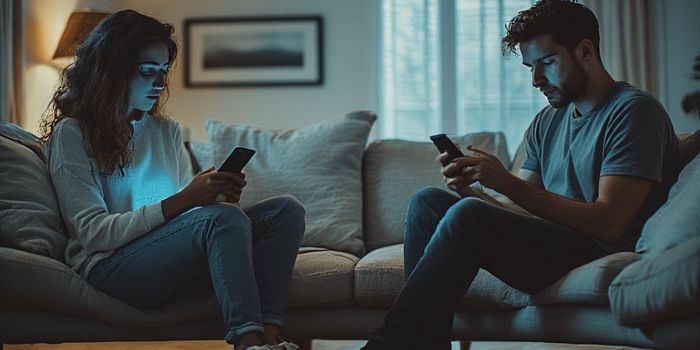 A man and woman sitting apart on a couch, both looking at their phones instead of each other.
