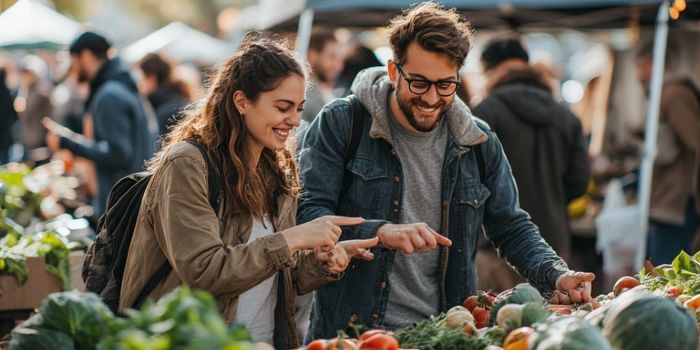 A young couple smiling while exploring a local farmers market together.