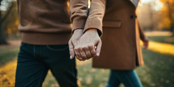 Close-up of a couple holding hands while walking, symbolizing small acts of physical connection.