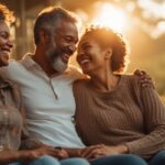 A happy middle-aged couple proving romance doesn't fade over time by laughing together at sunset.