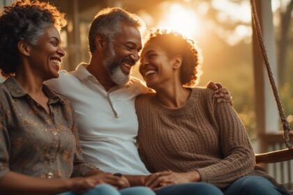 A happy middle-aged couple proving romance doesn't fade over time by laughing together at sunset.
