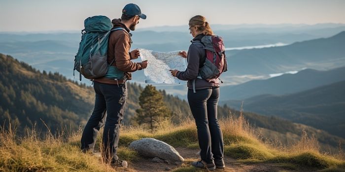 A couple working together as a team to read a map on a scenic mountain overlook.