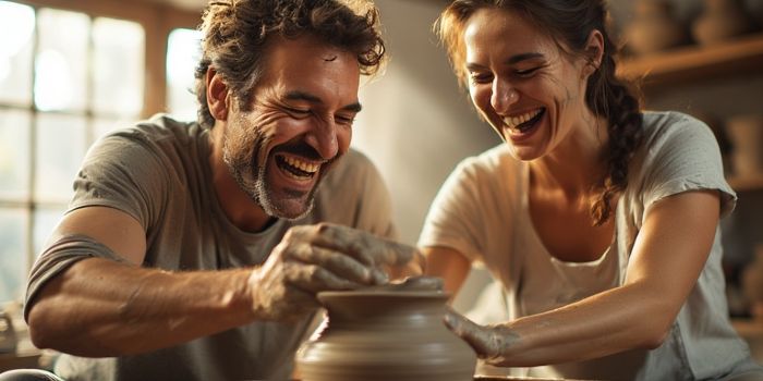 A happy couple laughing while taking a pottery class together on a date night.