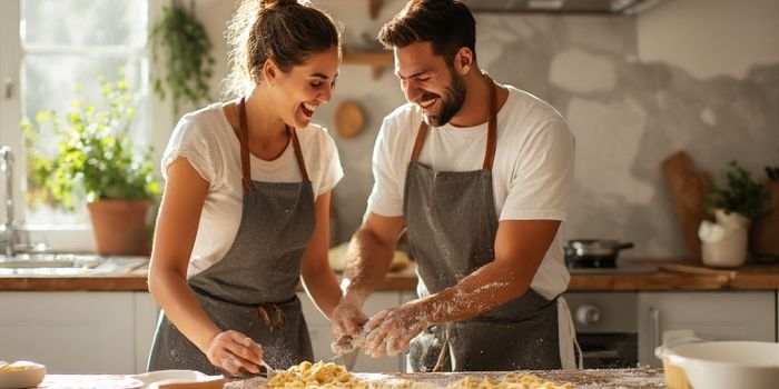 A happy couple laughing and having fun together while making pasta during a cooking class.