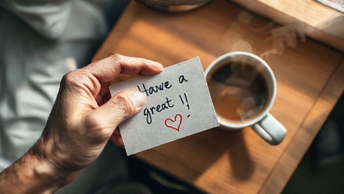 A handwritten love note next to a cup of coffee, representing an Act of Service or Words of Affirmation love language.