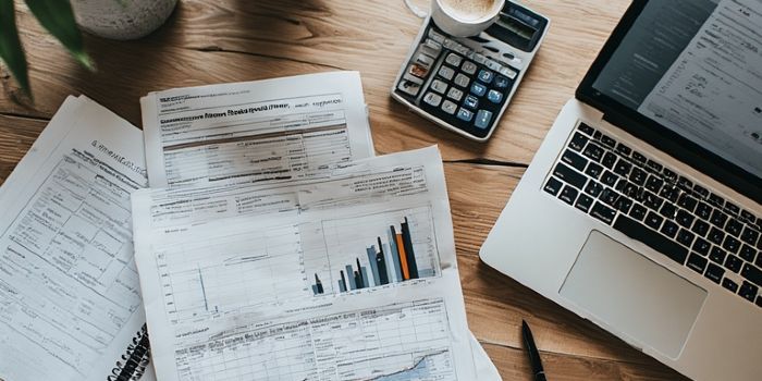 A desk with a business plan, financial documents, and a laptop, showing the process of preparing for a small business loan application.