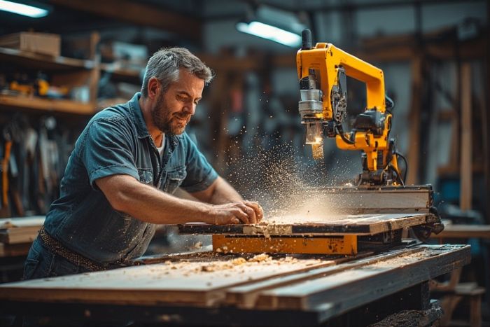 A carpenter successfully using a new piece of equipment purchased with funds from a small business loan, showing business growth.