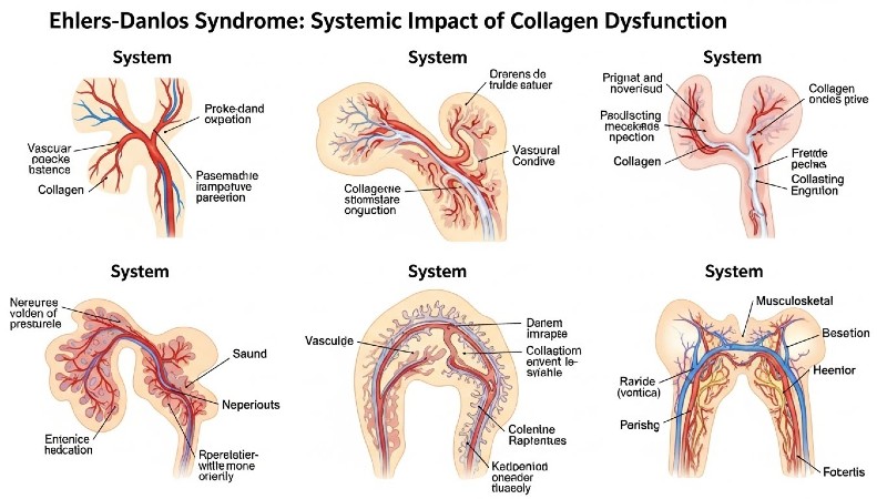 Ehlers-Danlos Syndrome collagen diagram showing affected body systems