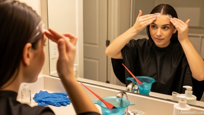 Woman applying petroleum jelly along hairline to prevent hair dye stains on skin