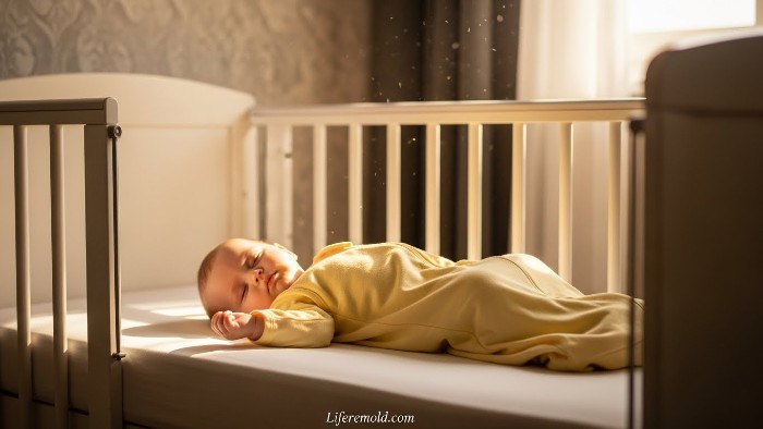 6 month old baby sleeping peacefully after sleep training success.