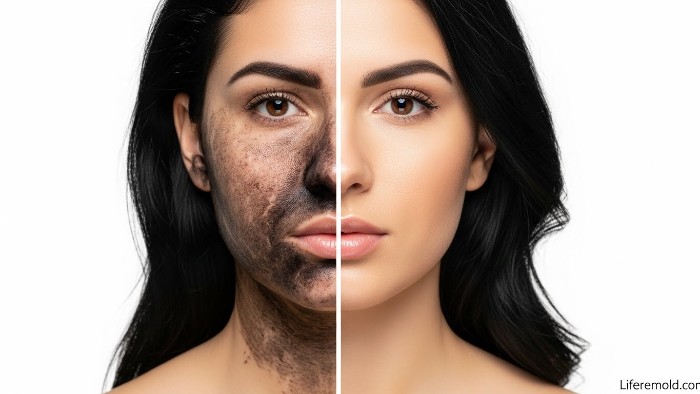 Before and after comparison showing how to get black hair dye off skin successfully with complete stain removal