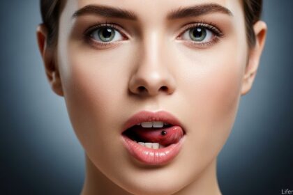 Woman examining black spot on tongue with concerned expression