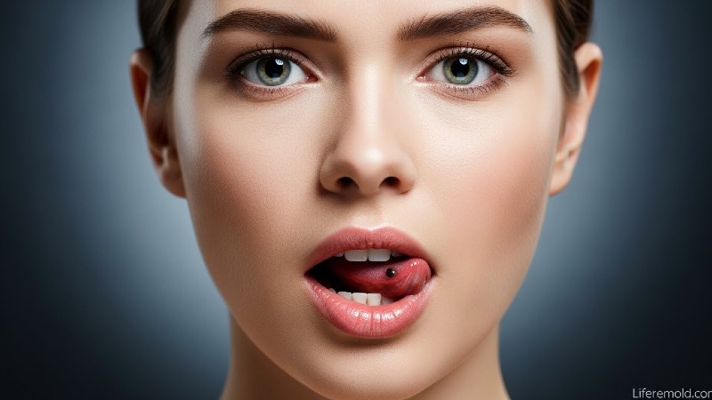 Woman examining black spot on tongue with concerned expression