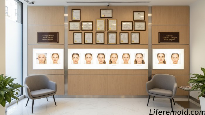 Professional surgeon's certifications and rhinoplasty portfolio