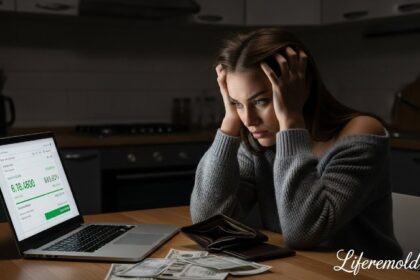 Stressed woman looking at bills and empty wallet struggling with paycheck to paycheck living
