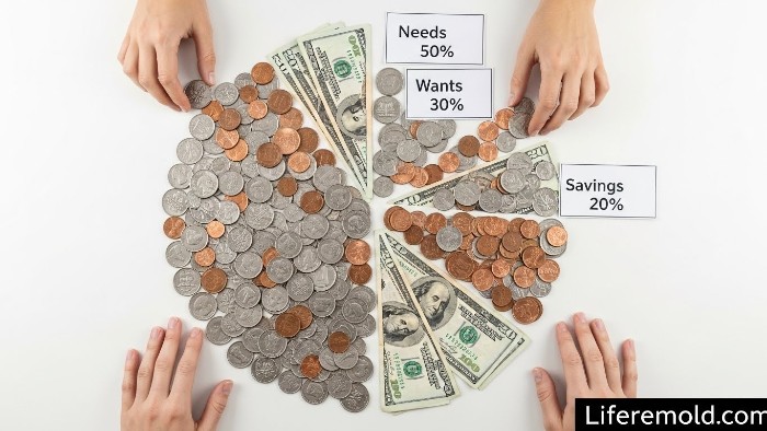 Creative coin pie chart showing 50/30/20 budgeting rule breakdown