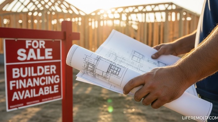 New home construction site with builder financing sign
