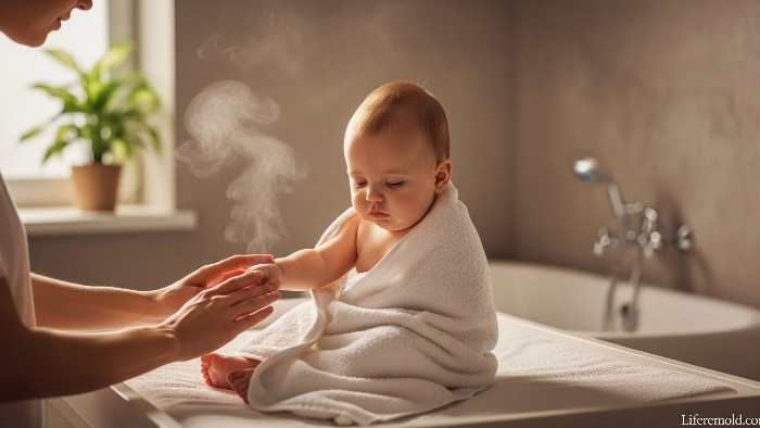 Baby wrapped in towel after warm bath as part of bedtime routine for sleep regression.