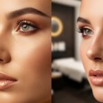 Before and after rhinoplasty comparison showing elegant facial transformation