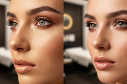 Before and after rhinoplasty comparison showing elegant facial transformation