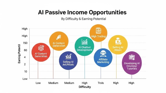 AI passive income ideas comparison chart showing startup costs and monthly earnings