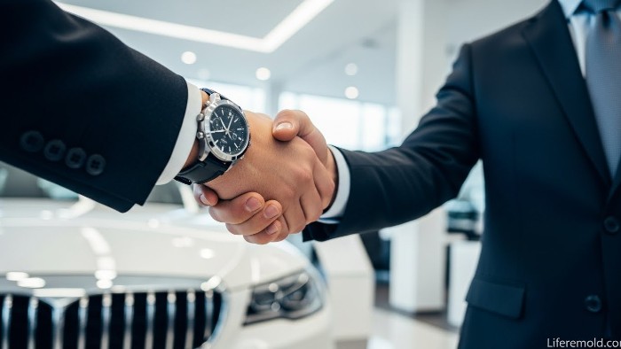 Dealership handshake after successful car trade-in negotiation.