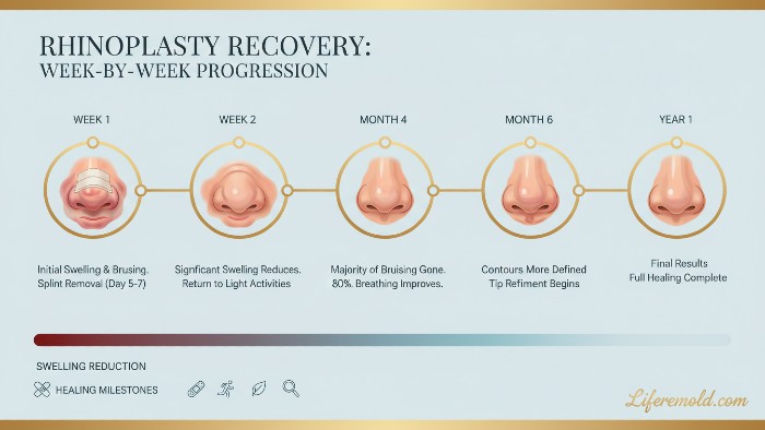 Detailed rhinoplasty recovery timeline infographic