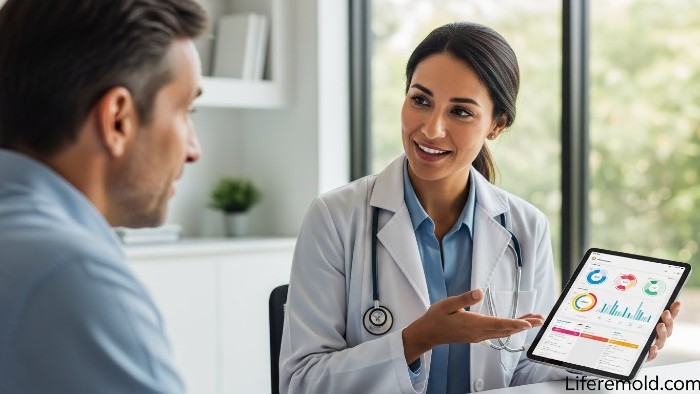 Doctor explaining acid reflux treatment options and surgery to a patient.
