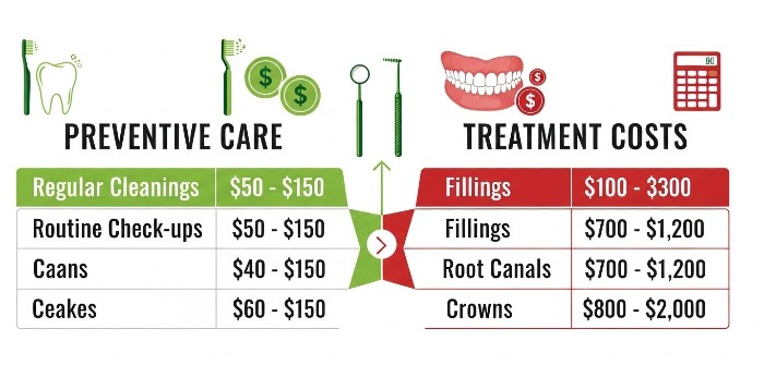 Financial comparison chart showing dental prevention versus treatment costs