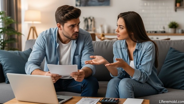 Young couple having serious conversation about money and paycheck budgeting