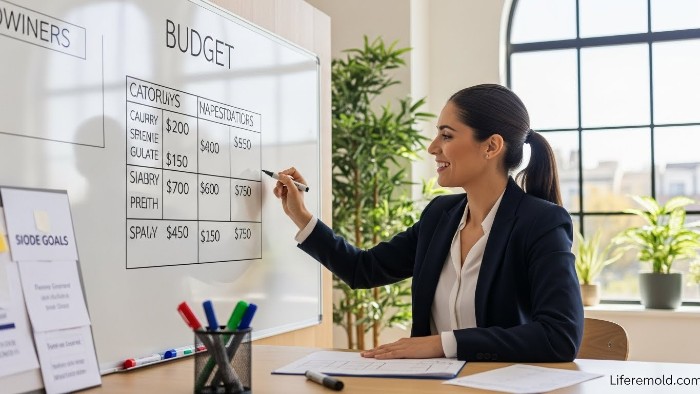 Woman confidently creating zero-based budget on whiteboard for financial planning