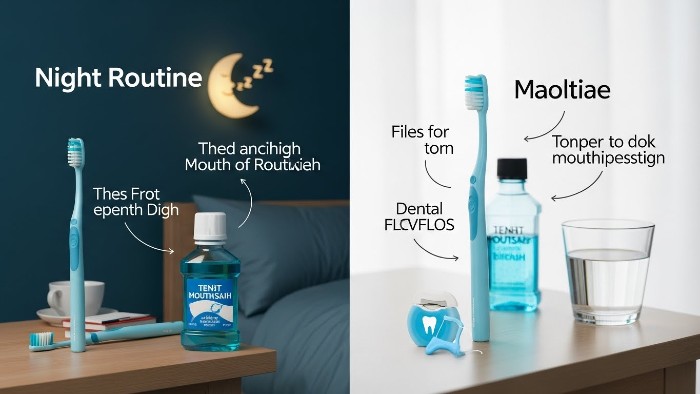 Infographic showing daily oral care routine for tongue health
