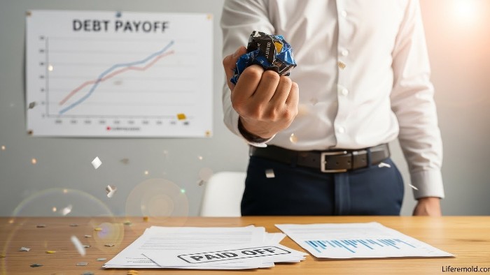 Person triumphantly crushing credit cards after paying off high-interest debt