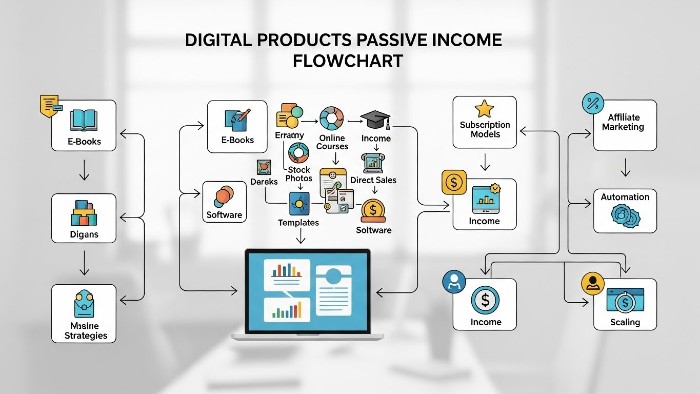 Ideas for passive income from digital products showing creation to sales process