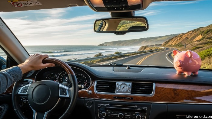 View from driver's seat of car on open road with piggy bank.