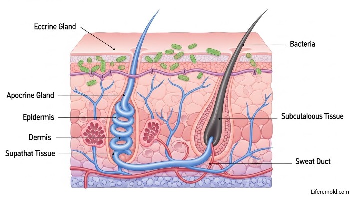 Diagram showing difference between eccrine and apocrine sweat glands causing body odor
