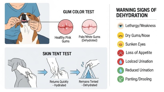 Signs of dehydration in dogs with diarrhea warning infographic