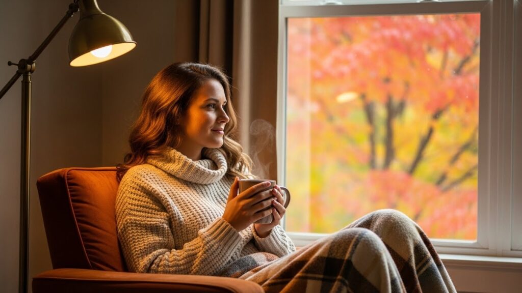 Woman embracing autumn lifestyle changes with cozy home activities