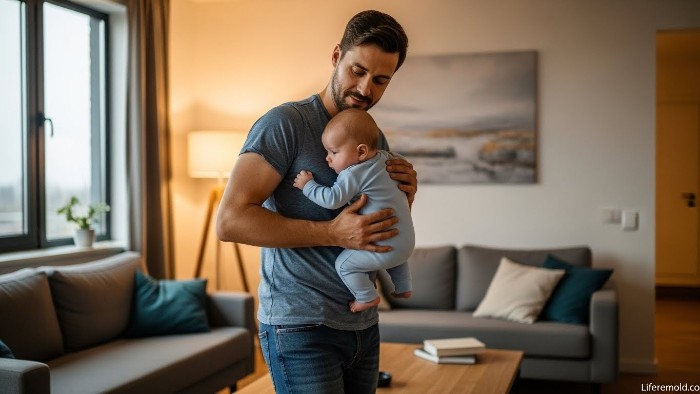 Dad rocking fussy infant to sleep during 6 month regression signs.