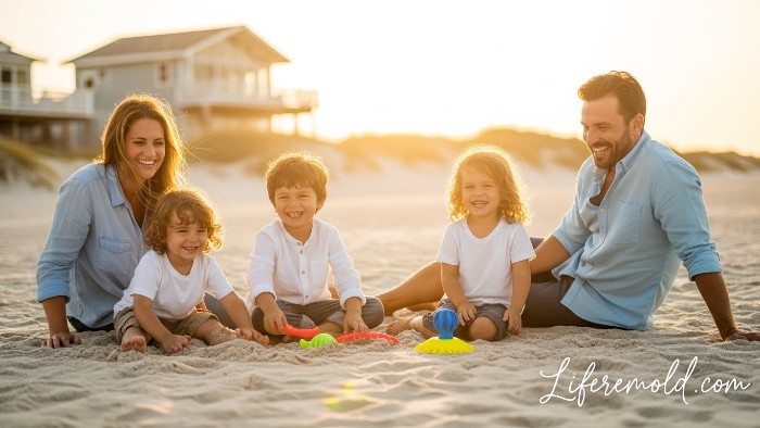 Happy family enjoying beach vacation representing paycheck to paycheck escape success