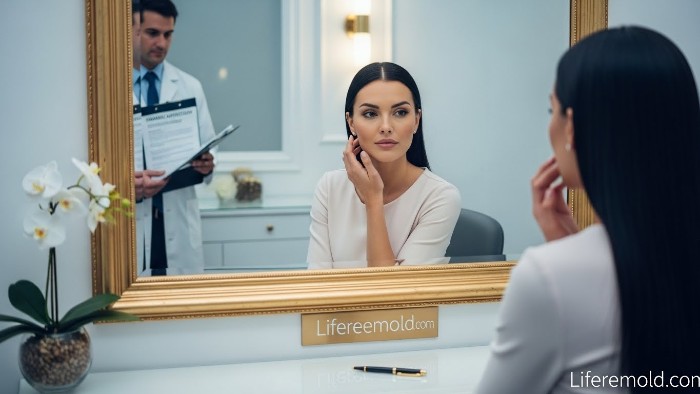 Woman consulting with doctor about in house financing for plastic surgery