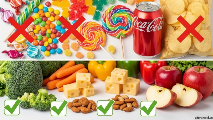 Dietary guide showing foods to avoid and eat for preventing calculus bridge teeth