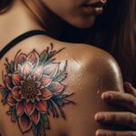 Woman with fresh back tattoo applying aftercare ointment