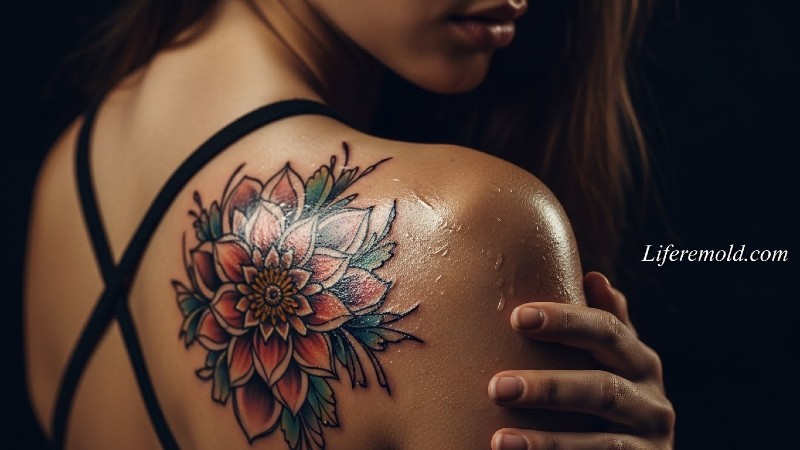 Woman with fresh back tattoo applying aftercare ointment