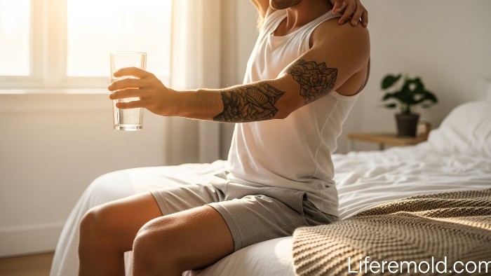 Person drinking water in bed with visible tattoos