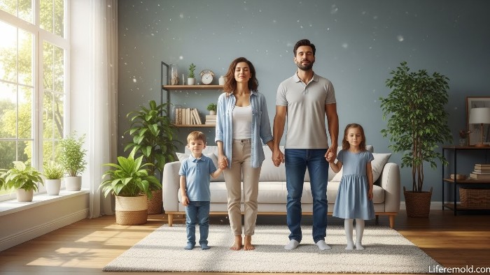 Family enjoying fresh clean air in mold-free healthy home